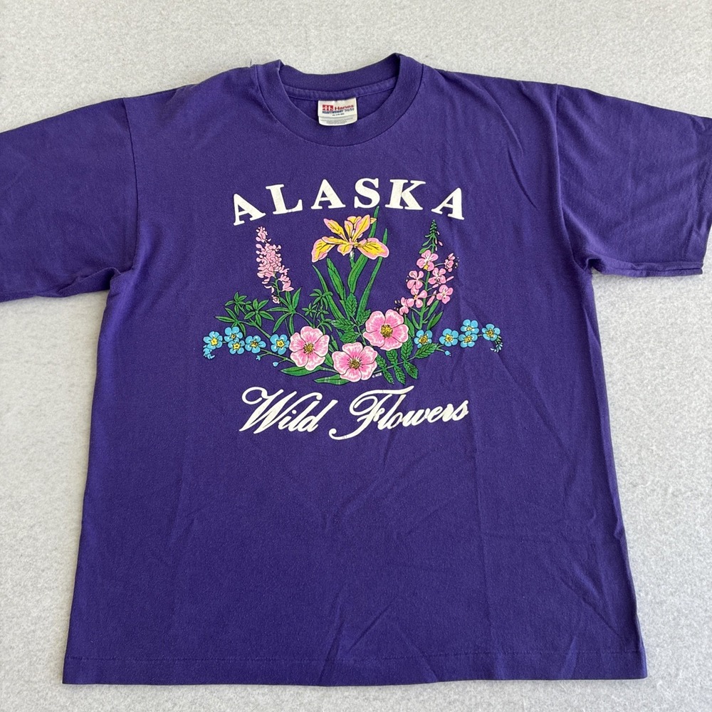 Vintage 90s Alaska Wild Flowers Hanes 50/50 T-Shirt Single Stitch Girls XL 18-20